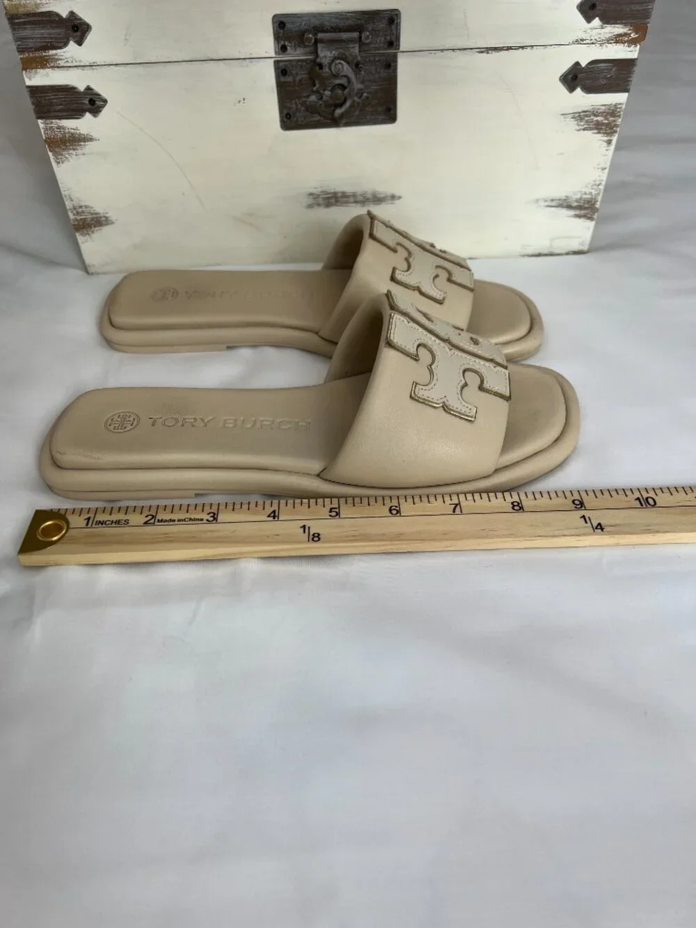 Tory Burch Double T Sport Slide Sandals Sz 6.5 Dulce De Leche Napa Leather Gold - Picture 13 of 13